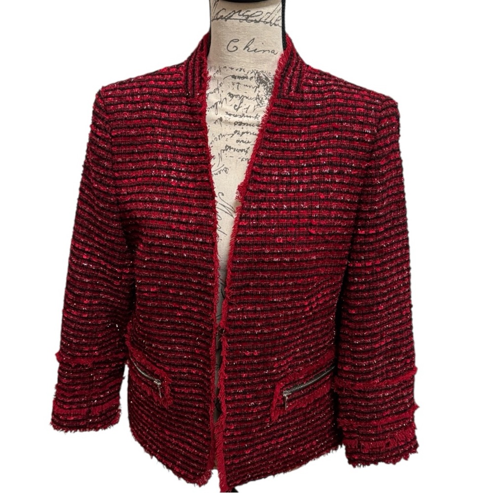 Ann Taylor French Classic style Red & Black Textured Jacket Metallic Thread